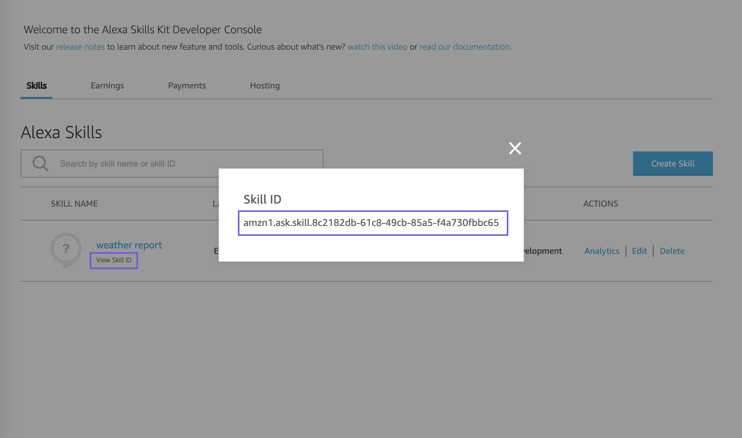 image of Alexa dev console with skill ID 