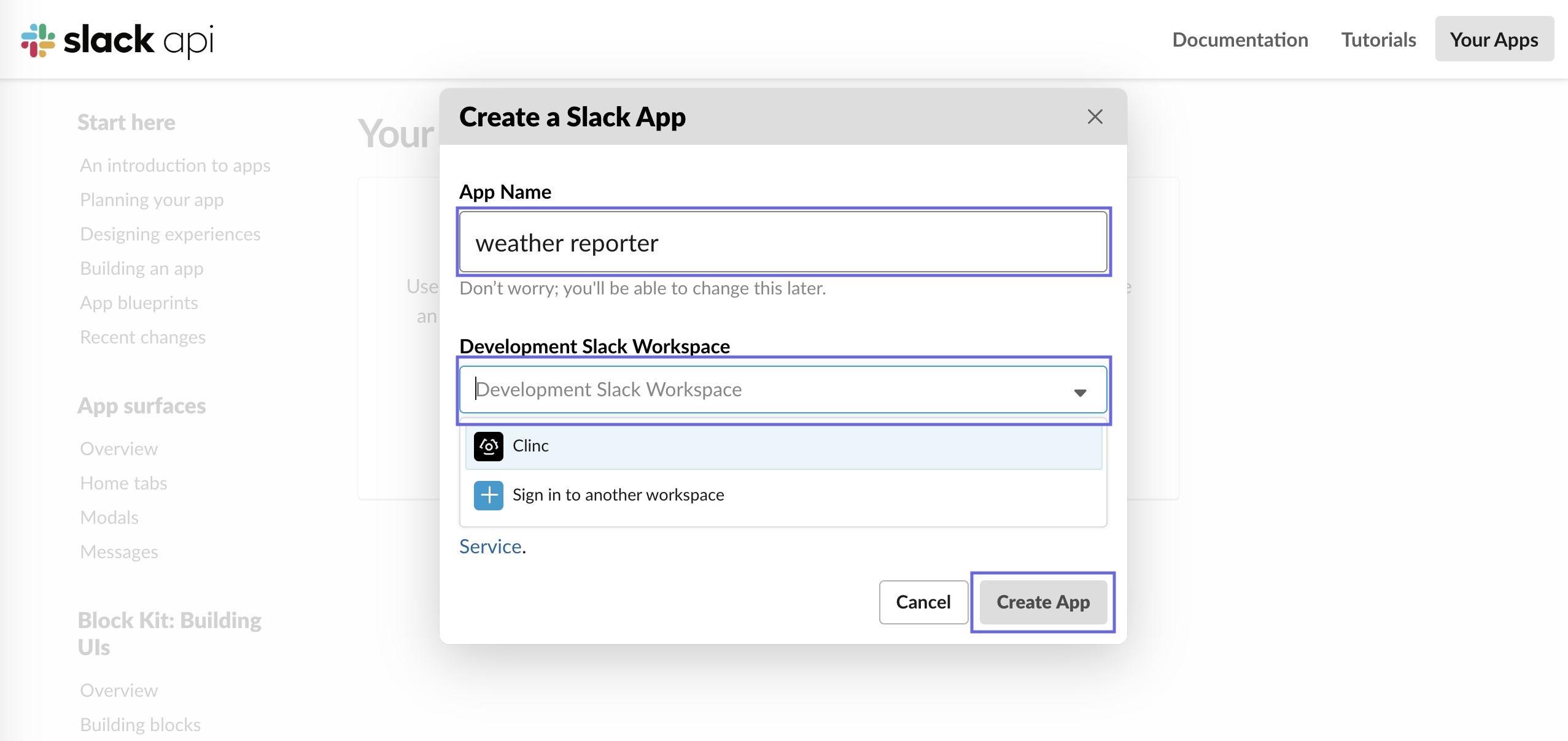 create a slack app