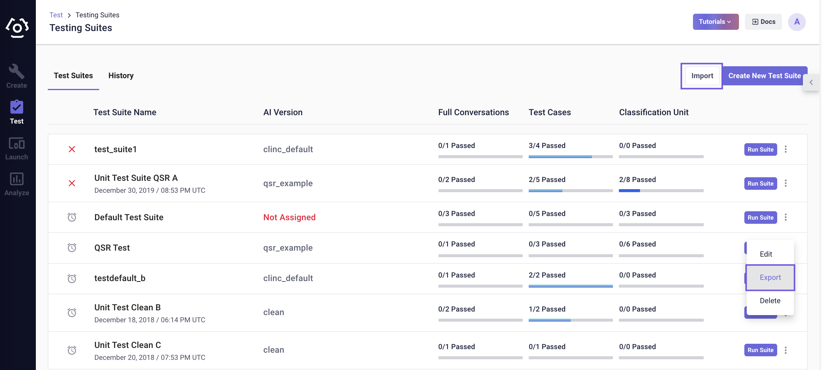 import export test suite