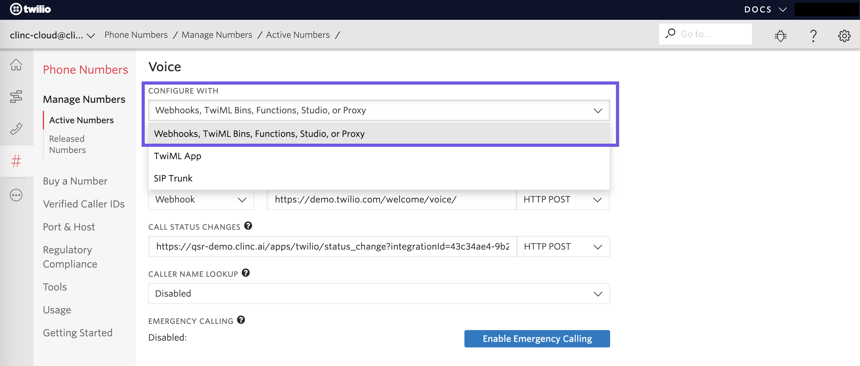 Twilio phone number configuration